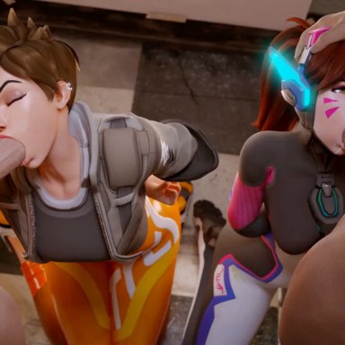 blizzard entertainment, overwatch, overwatch 2, d.va, tracer, thecount, volkor, 2boys, 2girls, arms behind back, big penis, blowbang, blowjob, captured, clenched fist