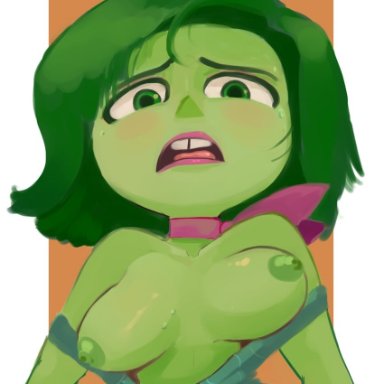 inside out, inside out 2, disgust (inside out), big breasts, green skin, exhibitionism, looking at viewer, naked female