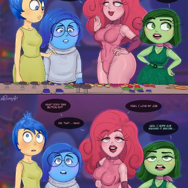 disney, inside out, pixar, disgust (inside out), joy (inside out), sadness (inside out), rocner, 1futa, 3girls, big ass, big breasts, breasts, clothed, clothing, female