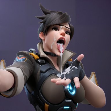 overwatch, tracer, csdraw, after oral, cum in hand, cum in mouth, cum on tongue, implied oral, open mouth, selfie, tongue out, 3d, self upload