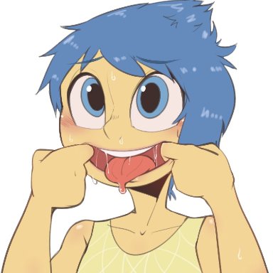 disney, inside out, pixar, joy (inside out), 1girls, blue eyes, blue hair, blush, clothed, clothing, collarbone, dress, female, female only, fingers in mouth
