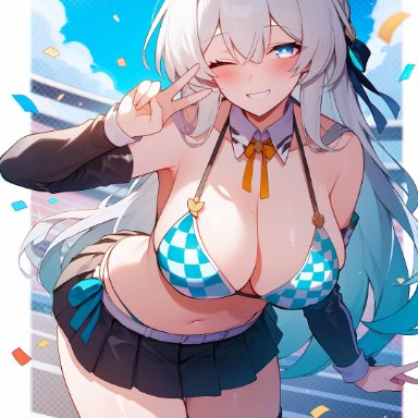 honkai: star rail, firefly (honkai: star rail), 1girls, bra, female, large breasts, one eye closed, peace sign, skirt, wink