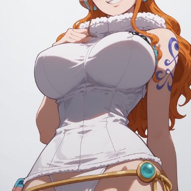 one piece, one piece: egghead arc, shounen jump, nami, nami (one piece), bewaretheaimachinegod, 1girls, bare arms, bare legs, bare shoulders, bare thighs, big breasts, blush, clothed, clothing