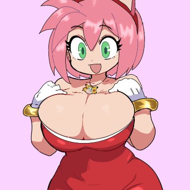 sonic (series), sonic the hedgehog (series), amy rose, amy rose (cosplay), sonichu (character), fruitheadart, green eyes, huge breasts, pink hair, thick thighs, gijinka