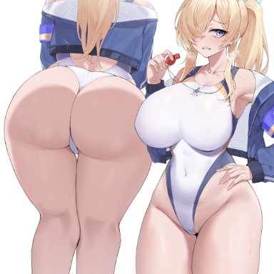 blue archive, kanna (blue archive), kuavera, 1girls, animal ears, ass, blonde hair, breasts, dat ass, female, halo, highleg leotard, hips, huge ass, huge breasts