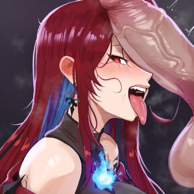 hololive, hololive english, elizabeth rose bloodflame, aestheticc-meme, ahoge, bare shoulders, blue hair, breasts, breath, colored inner hair, earrings, female, from side, hair ornament, heavy breathing