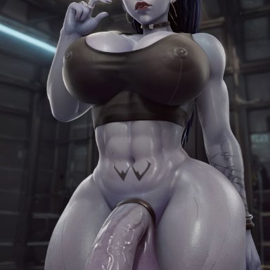 overwatch, widowmaker, big ass, big breasts, big penis, choker, cock ring, crop top, dickgirl, futanari, large breasts, muscular, muscular futanari, nipple bulge, precum