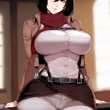 attack on titan, shingeki no kyojin, mikasa ackerman, floox, thiccwithaq (ai style), 1girls, black hair, breasts, female, hips, large breasts, light skin, light-skinned female, short hair, thick thighs