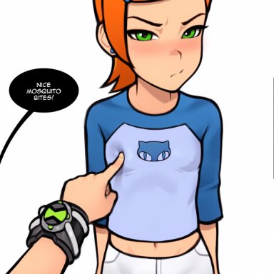 ben 10, ben tennyson, gwen tennyson, loodncrood, 1boy, 1girls, annoyed expression, blush, bullying, nipples visible through clothing, perky breasts, petite, poking breasts, pouting, red hair