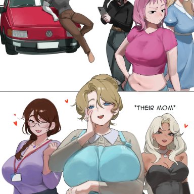 wojak comics, chud, doomer girl, tradwife, wojak, nia (nia4294), 1boy, 6girls, adult and teenager, apron, big breasts, black hair, blonde hair, breasts, brown eyes