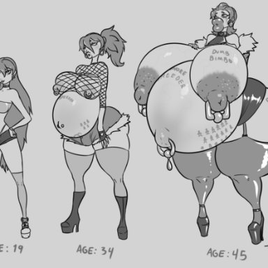 toby art, 1girls, age progression, belly, big belly, big breasts, bimbo, bimbofication, body writing, breast growth, breasts, earrings, female, garter straps, high heel boots