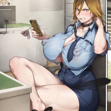 digimon, digimon story: cyber sleuth, makiko date, kunaboto, after sex, angry face, big ass, big breasts, big butt, big thighs, blonde hair, brown hair, button down shirt, cum on desk, cum on ground