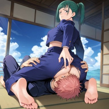 jujutsu kaisen, itadori yuuji, zenin maki, ishigaki takashi, 1boy, 1girls, ass, ass bigger than head, ass focus, asshole, big ass, big breasts, blush, cunnilingus, facesit