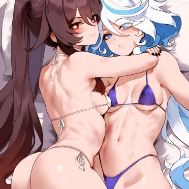 genshin impact, furina (genshin impact), hu tao (genshin impact), 2girls, ass, breasts, huge breasts, micro bikini, yuri, ai generated