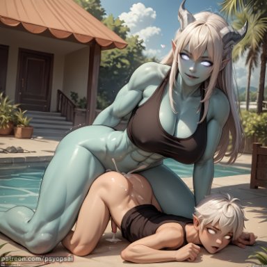 original, world of warcraft, draenei, artist psyopsai, 1boy, abs, all fours, anal sex, ass, big penis, blank eyes, blonde hair, blue skin, blue sky, breasts