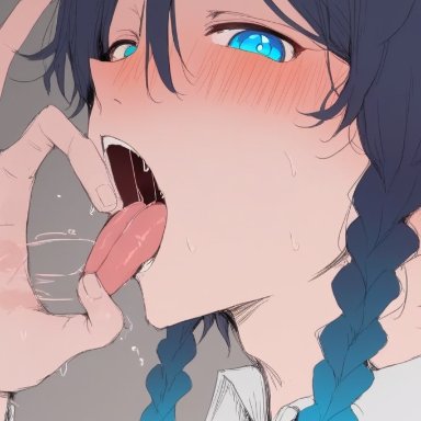 genshin impact, venti (genshin impact), aibenzaiten, androgynous, asking for it, blowjob gesture, blue hair, blush, braid, braided hair, eye contact, femboy, horny, horny male, looking at viewer