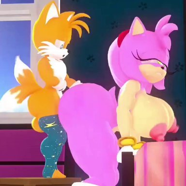 sega, sonic (series), sonic the hedgehog (series), amy rose, miles prower, tails, tails the fox, leviantan581re, 1boy, 1boy1girl, 1girls, age difference, anthro, areola, ass