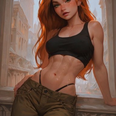 disney, kim possible, kimberly ann possible, 1girls, abs, athletic female, black panties, cargo pants, crop top, cute, female, fit, fit female, freckles, green eyes