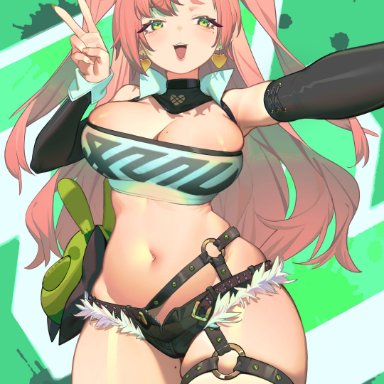 zenless zone zero, nicole demara, kunkun pa, 1girls, armwear, belly, belly button, belt, big breasts, black shorts, black thighhighs, bottomwear, breasts, cleavage, ear piercing