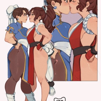 capcom, capcom vs snk, fatal fury, king of fighters, snk, street fighter, chun-li, mai shiranui, kamii momoru, !, !!, boob squish, boots, brown hair, buns