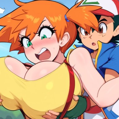 pokemon, pokemon (anime), pokemon journeys, pokemon rgby, gym leader, kasumi (pokemon), satoshi (pokemon), mullon, 1boy, 1girls, alternate breast size, breast grab, breasts, female, huge breasts