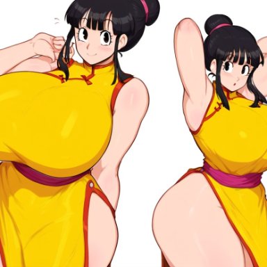 dragon ball, dragon ball super, dragon ball z, chichi, mullon, black hair, breasts bigger than head, chinese clothes, female, mature female, milf, single hair bun, smile, thick thighs, wide hips