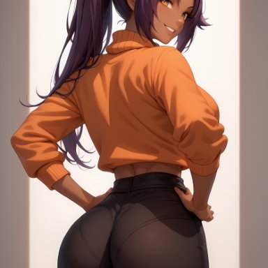 bleach, shihouin yoruichi, 1girls, ass, ass focus, dark skin, dark-skinned female, pants, ponytail, purple hair, sweater, ai generated