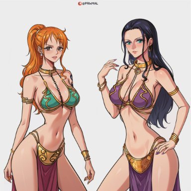 one piece, star wars, nami, nico robin, slave leia (cosplay), prixmal, 2girls, aqua eyes, belly dancer, belly dancer outfit, black hair, brown eyes, cleavage, female, female only