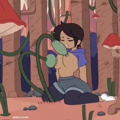 disney, the owl house, luz noceda, baecohn, 1girl, 1girls, ambiguous/female, big breasts, breast sucking, breastfeeding, dark skin, double breast sucking, eyes closed, forest, mushroom