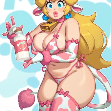 mario (series), nintendo, princess peach, rizdraws, 1girls, armwear, ass, big ass, big breasts, bikini, blonde hair, blue eyes, breasts, cow ears, cow print