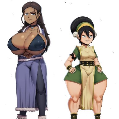 avatar the last airbender, katara, toph bei fong, lewdssonk, 2girls, arms crossed, arms crossed under breasts, ass, big ass, big breasts, black hair, blind, bottom heavy, bra, breasts