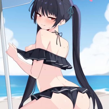 blue archive, serika (blue archive), serika (swimsuit) (blue archive), kumasteam, 1boy, 1girls, animal ears, anus, ass, back, bare shoulders, beach, beach umbrella, bikini, bikini bottom aside