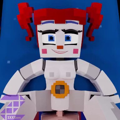 five nights at freddy's, minecraft, circus baby, circus baby (fnaf), circus baby (minecraft), zxxxarts, animatronic, blue eyes, clown girl, clown makeup, cum inside, erm what the sigma, red hair, robot girl, vaginal penetration