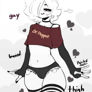 dr pepper, treshbaggy, ;3, armwear, booty shorts, brown shirt, choker, femboy, heart, heart-shaped hair, heart-shaped pupils, painted nails, seductive look, seductive smile, thighhighs