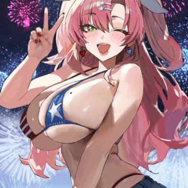 4th of july, zenless zone zero, nicole demara, hintobento, 1girls, american flag bikini, bikini, blush, fireworks, hair ribbons, heart earrings, jean shorts, mole on breast, peace sign, pink hair