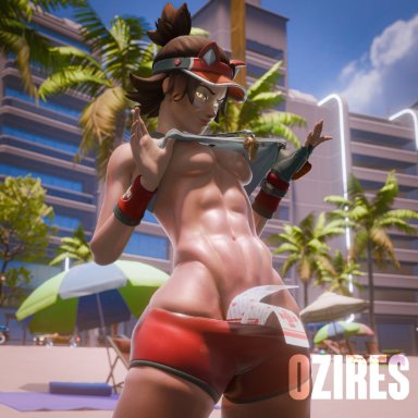 blizzard entertainment, overwatch, overwatch 2, kiriko (overwatch), kiriko kamori, lifeguard kiriko, oziresnsfw, 1girls, abs, areolae, athletic, athletic female, beach, breasts, brown hair