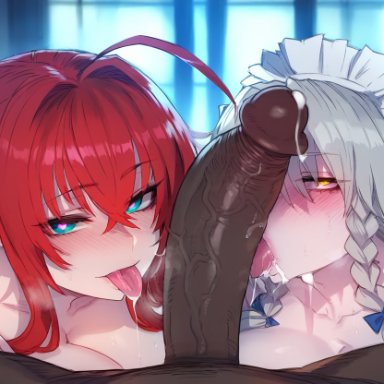 high school dxd, grayfia lucifuge, rias gremory, tsunoko (artist), 1boy, 2girls, dark-skinned male, demon girl, fellatio, gray hair, red hair, worship, ai generated