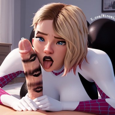 marvel, gwen stacy, spider-gwen, spider-gwen (spider-verse), minomixai, 1boy, 1boy1girl, 1girl1boy, 1girls, all fours, blonde hair, blue eyes, bodysuit, cock worship, erection