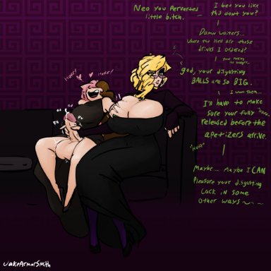 rwby, glynda goodwitch, neo (rwby), jakearmorsmith, 1futa, 1girls, balls, big breasts, blonde hair, bottomless, breasts, brown hair, cleavage, cleavage cutout, clothed