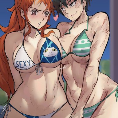 jujutsu kaisen, one piece, nami, nami (one piece), zenin maki, foonie xd, 2girls, bikini, blush, breasts, female, female only, green hair, orange hair, ponytail