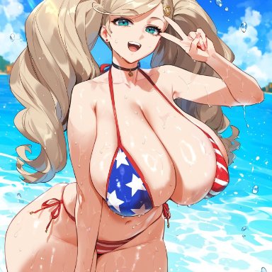 4th of july, atlus, persona, persona 5, ann takamaki, lucyla, 1girls, american flag bikini, bikini, blonde hair, blue eyes, breasts, cleavage, female, hips