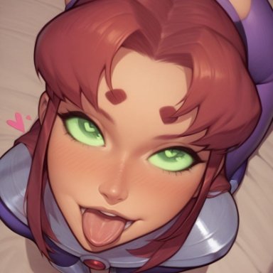 dc, dc comics, starfire, 1girls, all fours, blushing at partner, female, female focus, female only, forehead mark, green eyes, heart-shaped pupils, open mouth, pov eye contact, red hair