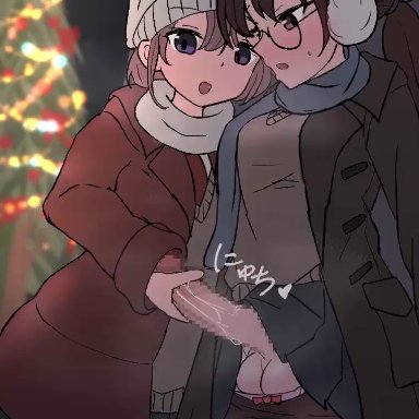 christmas, original, shiwa kou, 1futa, 1girls, beanie, black coat, black pantyhose, black skirt, blue scarf, brown hair, brown jacket, caressing testicles, christmas tree, closed eyes