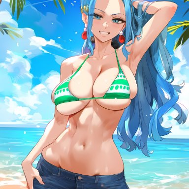 one piece, shounen jump, nami (one piece) (cosplay), nefertari vivi, geo-san, geosan, 1girls, bare arms, bare shoulders, beach, big breasts, blue eyes, blue hair, blush, bra