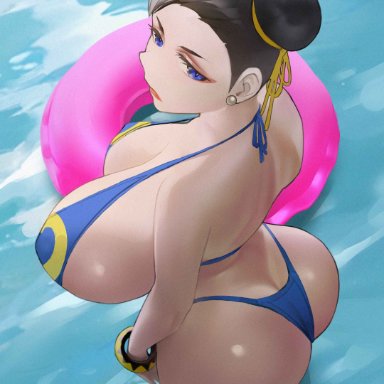 capcom, street fighter, chun-li, spiralnoww1, 1girls, big ass, big breasts, bikini, earrings, female, floatie, mature female, milf, partially submerged