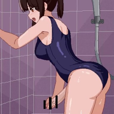 original, shiwa kou, ass, big ass, big breasts, blue one-piece swimsuit, blush, breasts, brown eyes, brown hair, cowboy shot, cum, dickgirl, ejaculation, female