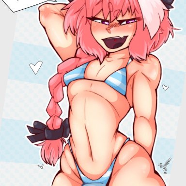 fate (series), fate/grand order, astolfo (fate), penguixy, 1femboy, bikini, blue bikini, braid, braided hair, braided ponytail, bulge, femboy, femboy focus, femboy only, hair ornament