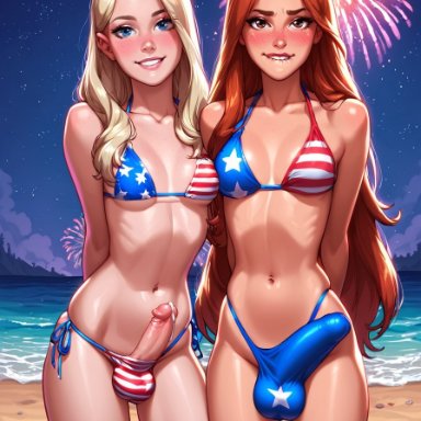 4th of july, makychan, 1futa, 2futas, american flag bikini, balls, balls in panties, balls under clothes, beach, breasts, bulge, dickgirl, embarrassed, erect penis, erection