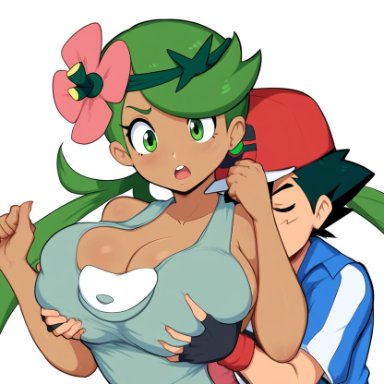 pokemon, pokemon (anime), pokemon journeys, pokemon sm, mallow (pokemon), satoshi (pokemon), trial captain, mullon, 1boy, 1girls, alternate breast size, breast grab, breasts, dark-skinned female, female