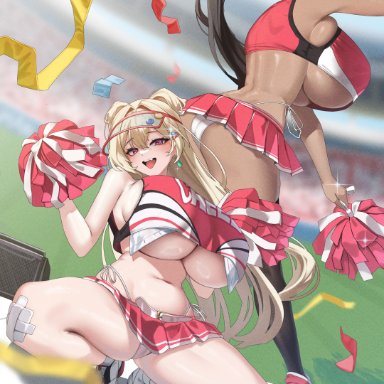 goddess of victory: nikke, bay (nikke), clay (nikke), simsim han-u, 2girls, arena, ass, back, bandage, bandaged leg, bare shoulders, black eyes, black hair, black legwear, blonde hair